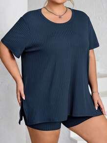 SHEIN CURVE+ 2pcs Plus Size Women's Round Neck Short Sleeve Top And Slim Fit Fashionable Shorts Set, Curve Plus, Boho Vacation Beach Outfits For Woman/Beach /Beach Vacation Outfits/Beach Essentials / Graduation/Tea Party  - Navy Blue - View 8