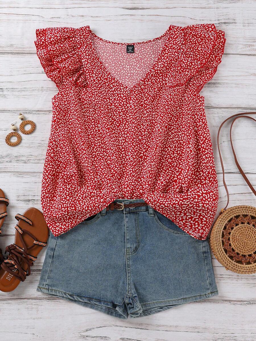 SHEIN LUNE Áo cánh tay ngắn cổ chữ V họa tiết da báo cỡ lớn SHEINLUNE dành cho nữ, mặc trong lễ hội Rave mùa hè, lễ hội Rave Country Concert Nashville Ibiza West, phong cách BOHO Vacation - Đỏ - Xem 1