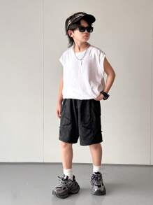 Tween Boy Loose Casual Comfy Soft Functional Versatile Drawstring Waist Shorts, Fleece Fabric With Star Embroidery, Suitable For Spring, Summer, Autumn, Daily Wear, Outdoor, School, Streetwear, Party, Leisure - Black - View 7