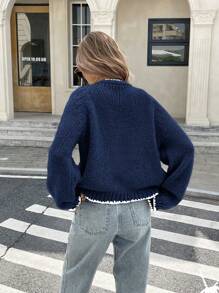 Serisse Women's Contrast Trim Knot V-Neck Long Sleeve Cardigan,Knitted Sweater In Fall/Winter Casual Blue - Navy Blue - View 2