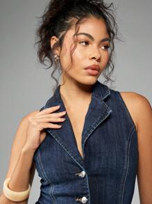 MISSGUIDED 牛仔背心马甲纽扣前开襟无袖修身设计师短款夹克时尚街头服饰经典 Y2K 秋冬 - 深色水洗藍 - 查看 4