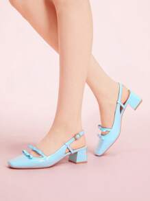 CUCCOO DOLLMOD New Vintage Mary Jane Pumps With Bow Cutout, French Stylish Chunky High Heels - Blue - View 5