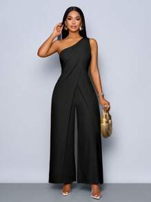 SOLERSUN Women's Spring Summer Fashionable Daily One Shoulder Sleeveless Slit Wide Leg Jumpsuit - Black - View 6