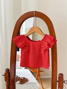 SHEIN LMoss Kids LMoss Babygirl Summer Vacation Cute Solid Color Ruffle Trim Blouse - Red - View 2