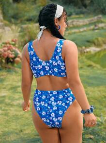 Swim Vcay 2pcs/Set Plus Size Women Blue Ditsy Floral Cute Knotted Halter Split Bikini Set Swimwear, Casual Beachwear For Summer Beach Vacation - Blue - View 2
