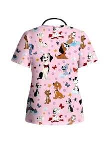 PopScrub Casual Cute Cartoon Puppy Print Scrub Top, Suitable For Summer, Plus Size - Multicolor - View 2