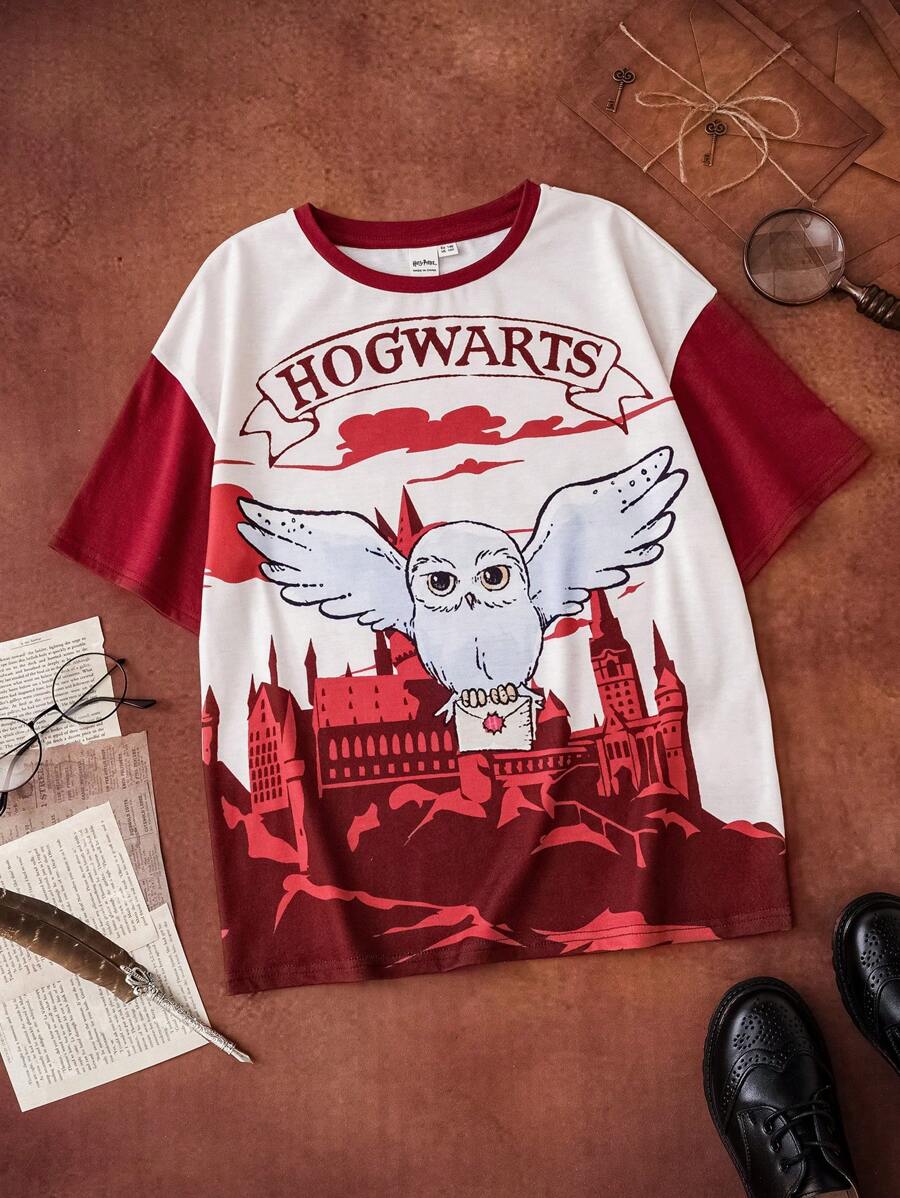 HARRY POTTER X SHEIN Tween Girl Owl Castle Print Red And White Casual Short Sleeve T-Shirt - Burgundy - View 1