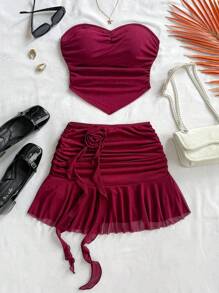 Soleia 2 Pieces Set: Solid Color 3D Floral Tube Top & Mini Skirt,Summer Sets - Burgundy - View 6