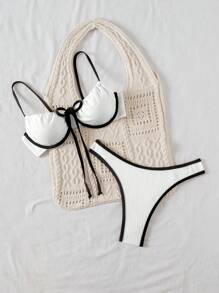 Swim Basics Women Contrast Color Trim Vacation Beach Swimsuit Set For Summer - Multicolor - View 5