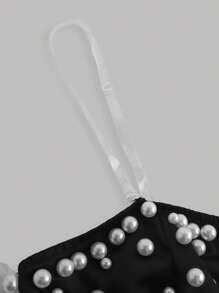 Girlism Teen Girls Black & White Color Block Off Shoulder Pearls Embellished Dress,Wedding,Suitable For Dates, Parties, Festivals, Banquets, Brunch Outfits, Birthday Occasions,New Years,Homecoming, Prom - Black and White - View 4