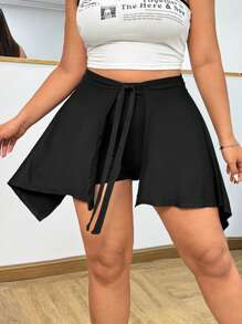 SHEIN EZwear Plus Size Black Knitted Mini Skirt: Casual Wrap Style With Semi-Sheer Detailing For A Look - Black - View 5