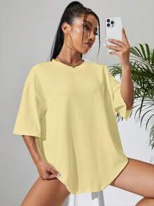 INAWLY Women Solid Color Round Neck Dropped Shoulder Casual Loose T-Shirt - Yellow - View 5