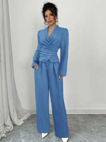 Firerie Women Regular Elegant Solid Color Long Sleeve Wrap Blouse And Pants Set, Suitable For Commute And Business, Spring/Summer/Fall - Blue - View 6