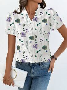 SHEIN LUNE Women's Casual Vacation Short Sleeve Ruffled Crop Shirt - Multicolor - View 5