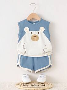 Cozy Pixies 2pcs Baby Boy Cartoon Bear Pattern Splice Round Neck Sleeveless Top & Elastic Waist Shorts Set