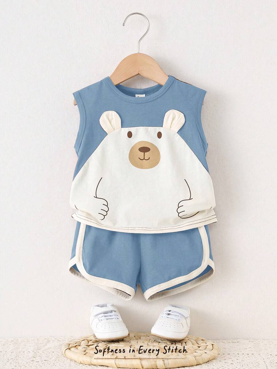 Cozy Pixies 2pcs Baby Boy Cartoon Bear Pattern Splice Round Neck Sleeveless Top & Elastic Waist Shorts Set