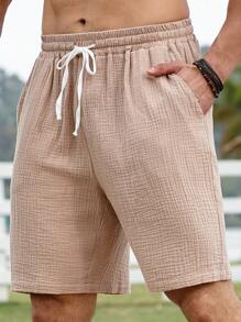 Manfinity Homme Pantaloncini casual con texture e coulisse in vita per uomo taglia comoda, pantaloni in lino da uomo per l'estate, pantaloni da spiaggia per uomini, pantaloni estivi da uomo - Cammello - Visualizzare 8