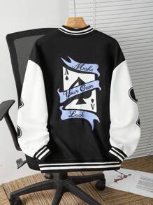SHEIN Teen Boy 1pc Knit Playing Card Pattern Letter Print Sleeve Patchwork Colorblocked Jacket,Black Autumn Streetwear Graduation Back-To-School Comfort - Multicolor - View 2