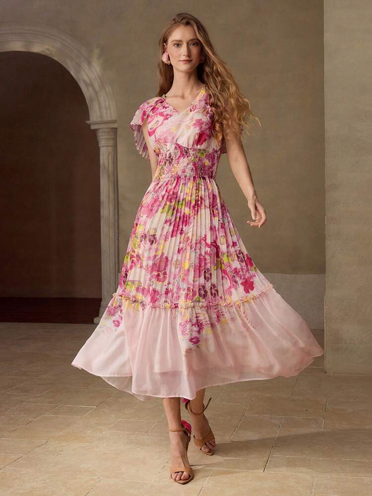 FLORAL PRINT PLEATED DRESS