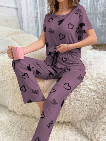 Women Heart Print Round Neck Short Sleeve Shirt Drawstring Pants Sleepwear Pajama Set view 6