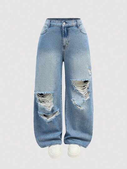 SHEIN MOD 大码女式休闲宽松喇叭破洞牛仔裤，蓝色夏季、度假、复活节、春季、西部、办公室、乡村风、乡村、老钱风格女装、外出、节日、机场、韩流、纳什维尔、欧洲夏季、音乐会、女牛仔、毕业典礼、优雅、度假装女装、商务 Y2k