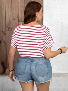 SHEIN LUNE Plus Size Summer Casual Striped Batwing Bodysuit Mother Day Simple & Fashionable - Red and White - View 2