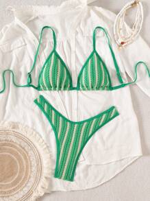 SHEIN Swim 2pcs/Set Women's Fashion Resort Beach Solid Color Textured Adjustable Back Top & Pants Bikini Swimwear Set For Summer Beach Vacation - Multicolor - View 2