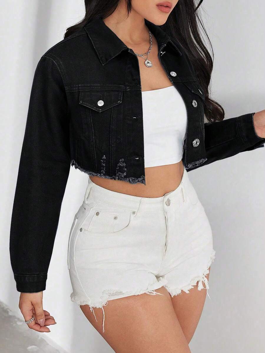 SHEIN EZwear Lässige Washed Denim Jacke mit rohem Saum und Crop-Schnitt - Schwarz - Übersicht 1