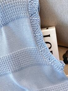 Franclia Casual Textured Patchwork Shell Trim Fringed Hem Knit Tank Top For Women, Sky Blue, Spring/Summer - Baby Blue - View 4