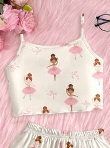 SHEIN Jonge meisjes strik & ballerina grafische casual camisole top & shorts loungewear set, geschikt voor de zomer