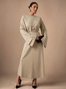 EURMUSE Solid Color Round Neck Pleated Elegant Long Sleeve Dress - Krem - View 3