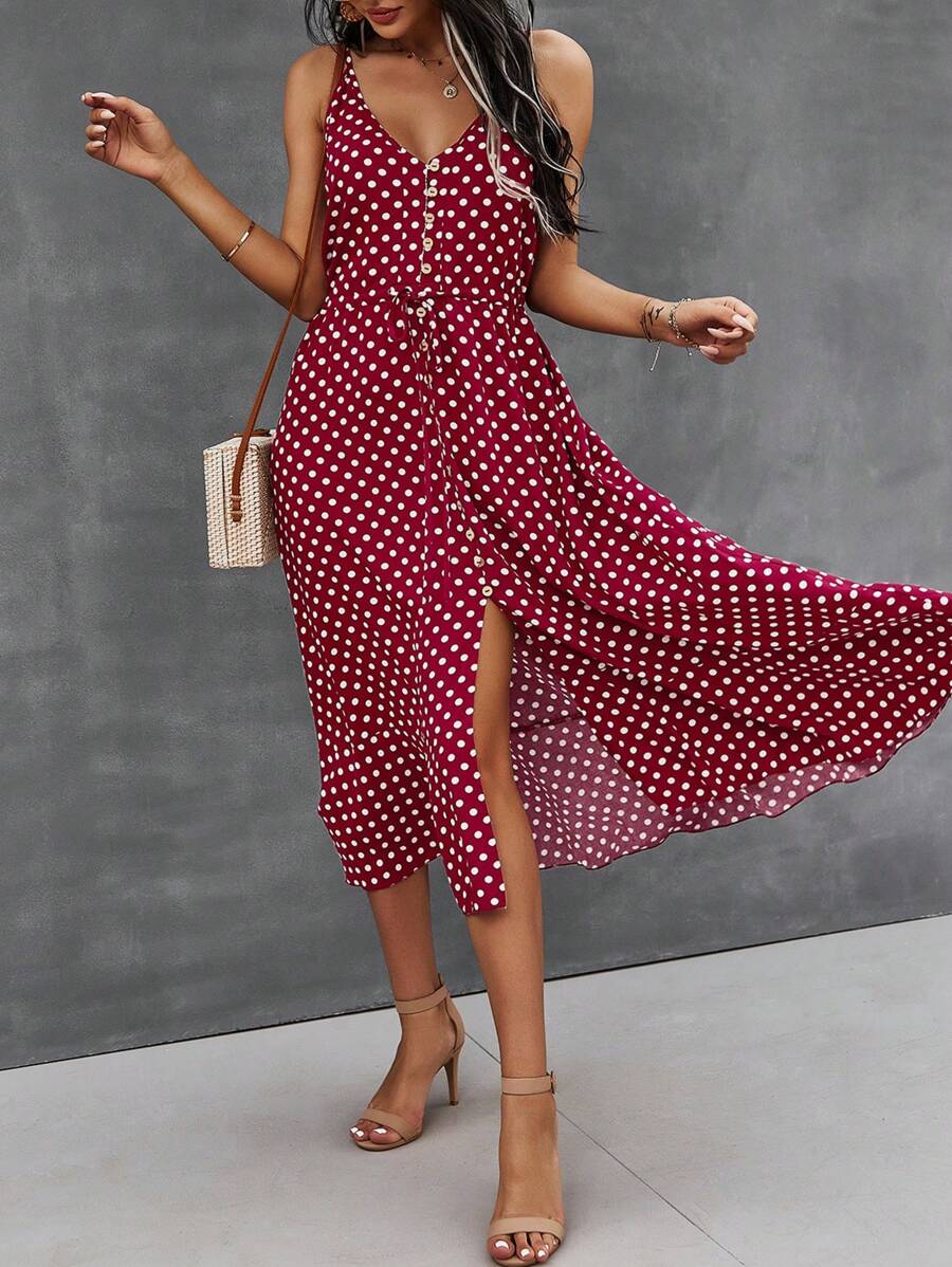 Breezaya Button Through Drawstring Waist Polka Dot Cami Dress Maxi Vacation Beach Outfits Women