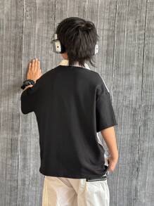 Tween Boy Casual Korean Style Comfortable Letter & Graphic Print Patched Contrast Color Polo Collar Half-Zip Loose Knit Top - Black and White - View 2