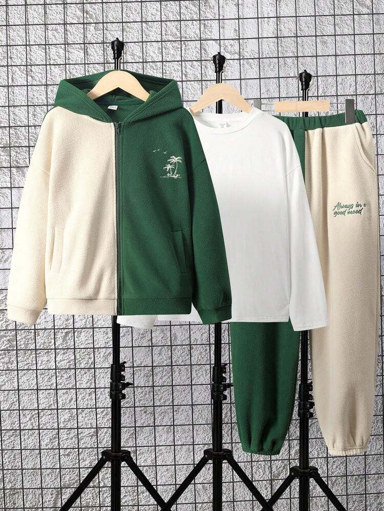3Pcs Boys Casual Embroidered Colorblock Hoodie Jacket, Contrast Pants And Crewneck T-Shirt Set, Fleece Thickened