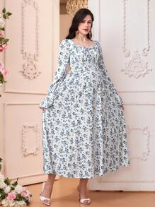SHEIN Elegantes Umstandskleid mit Blumen Muster, quadratischem Ausschnitt und Rüscheneinsätzen an Ärmeln und Saum - Blau-Weiß - Übersicht 4
