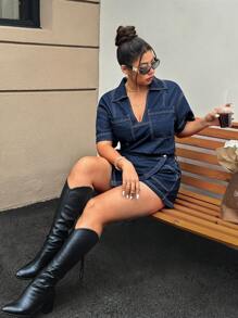 SHEIN ICON Quần denim ngắn thường ngày có túi viền bất đối xứng cho nữ cỡ lớn - Rửa tối - Xem 3