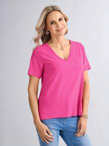 EMERY ROSE Camiseta básica de manga curta para mulheres, uso casual diário, primavera/verão - Rosa Quente - Ver 5