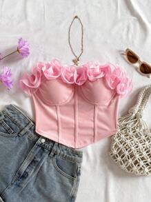 Soleia Top ajustado con volantes romántico y sexy, adecuado para vacaciones, citas nocturnas, San Valentín, té de la tarde - Rosa Pálido - Ver 3