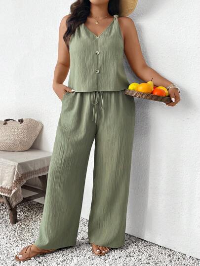 SHEIN Frenchy Plus Size 2pcs Set: Textured Twist Front Tank Top Shirt And Straight Leg Casual Pants, Holiday
