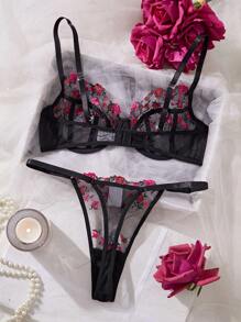 2pcs Women's Sexy Black & Red Embroidery Lingerie Set - Multicolor - View 2