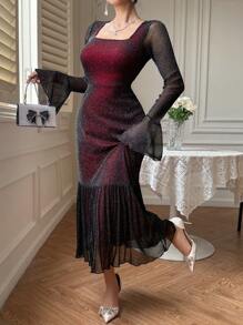 DAZY 新款优雅透明网眼中长连衣裙，女式，夏季，荷叶边 - 黑色 - 查看 1