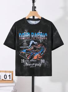 SHEIN Camiseta de punto de manga corta holgada con estampado de letras de , cuello redondo, versátil y cómoda, adecuada para ir al colegio, tiempo libre diario, vacaciones, deportes, primavera y verano, para niños preadolescentes