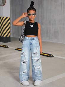 SHEIN SLAYR KIDS Tween Girls Y2K Retro Washed High Waist Distressed Ripped Straight Leg Jeans, Tween Girl Back To School Causal Clothes Outfits