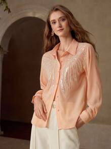 MOTF PREMIUM FAUX PEARL & CONTRAST SEQUIN DETAIL SHIRT - Pink - View 3