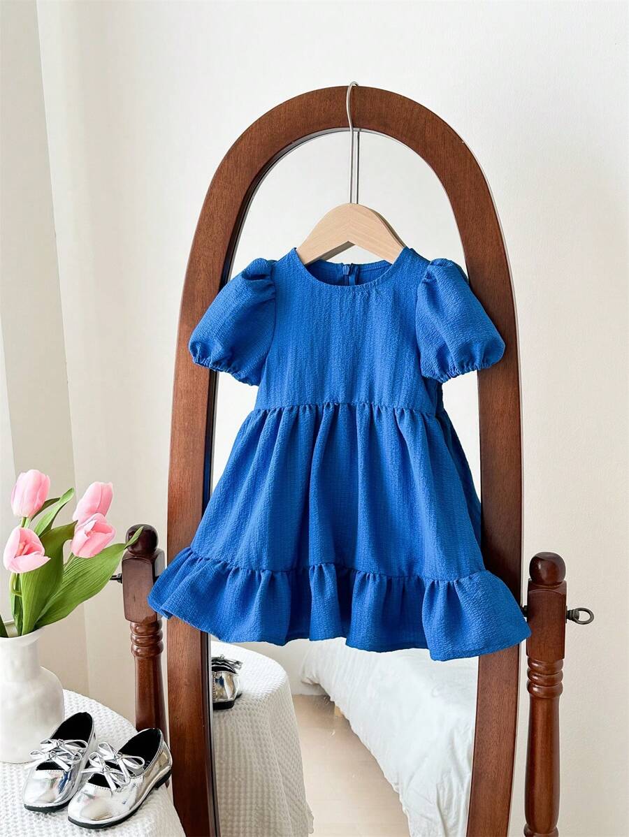 SHEIN LMoss Kids LMoss Baby Girl Cute And Simple Baby Girl Summer Casual Loose Bubble Short-Sleeved Dress With Textured Fabric