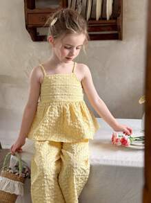 LMoss Kids Bộ đồ đôi LMoss dành cho bé gái, gồm áo hai dây xếp ly màu trơn và quần ống rộng, thích hợp cho mùa xuân và mùa hè, màu vàng, dành cho bé gái nhỏ, quần áo trẻ em 4 tuổi. - Màu vàng - Xem 4