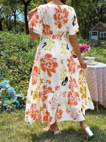 SHEIN Maternity Dress With Double Layer Ruffled Sleeves, Round Neck, Ruffled Hem Long Digital Print Dress - Multicolor - View 2