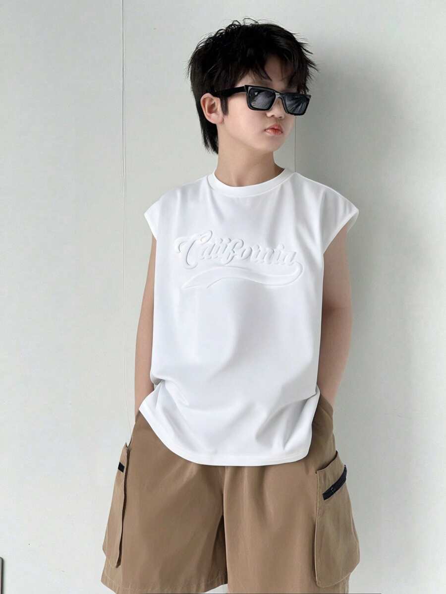 SHEIN Tween Boy 宽松休闲宽肩字母印花背心和短裤两件套，夏季服装 - 綠色 - 查看 1