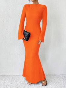 Solid Color Trumpet Sleeve Mermaid Dress Maxi Women Outfit Fall Cloth For Women - Burnt Orange - View 7