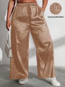 Flirla Plus Size Casual Leopard Jacquard Wide Leg Pants